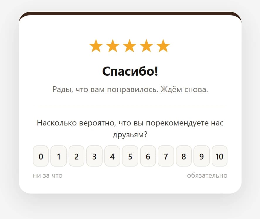 Та же страница после пяти звёзд: «Спасибо!» и второй вопрос «Насколько вероятно, что вы порекомендуете нас друзьям?» с кнопками от 0 до 10